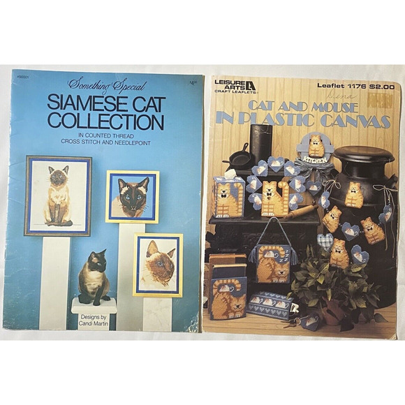 Vtg Cross Stitch Patterns Leisure Arts Charted Siamese Cat Mouse Craft Hobby - Picture 1 of 8